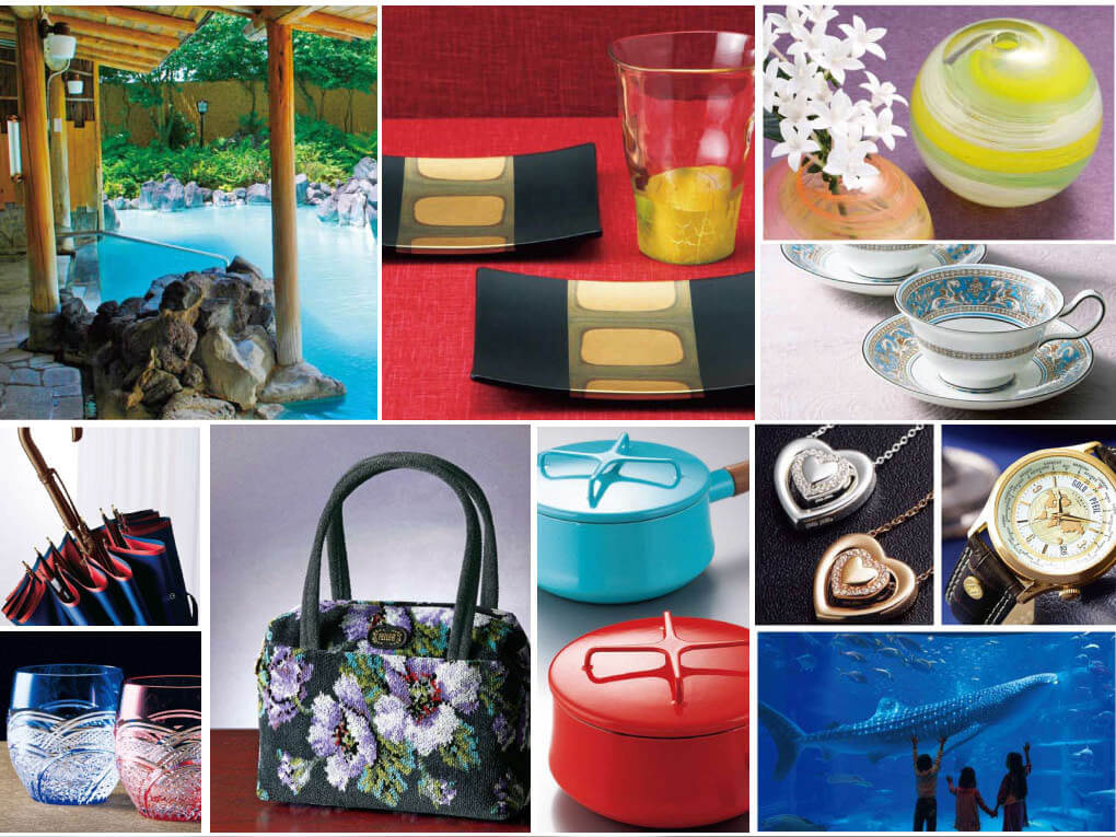 温泉旅館の露天風呂をはじめ、漆器やガラス工芸の器、和食器、バッグ、アクセサリー、腕時計、水族館体験など、日本の伝統工芸や体験型ギフトを集めたカタログギフトの掲載イメージ。